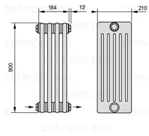 Схема (чертеж) Радиатор Zehnder Charleston 6090/4 №2670 Белый глянцевый RAL 9016